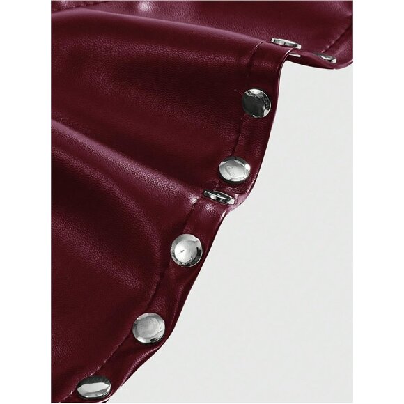 Women's Burgundy Gothic Grunge PU Leather Sparkly Halter V Neck Vest Crop Top - Picture 3 of 4